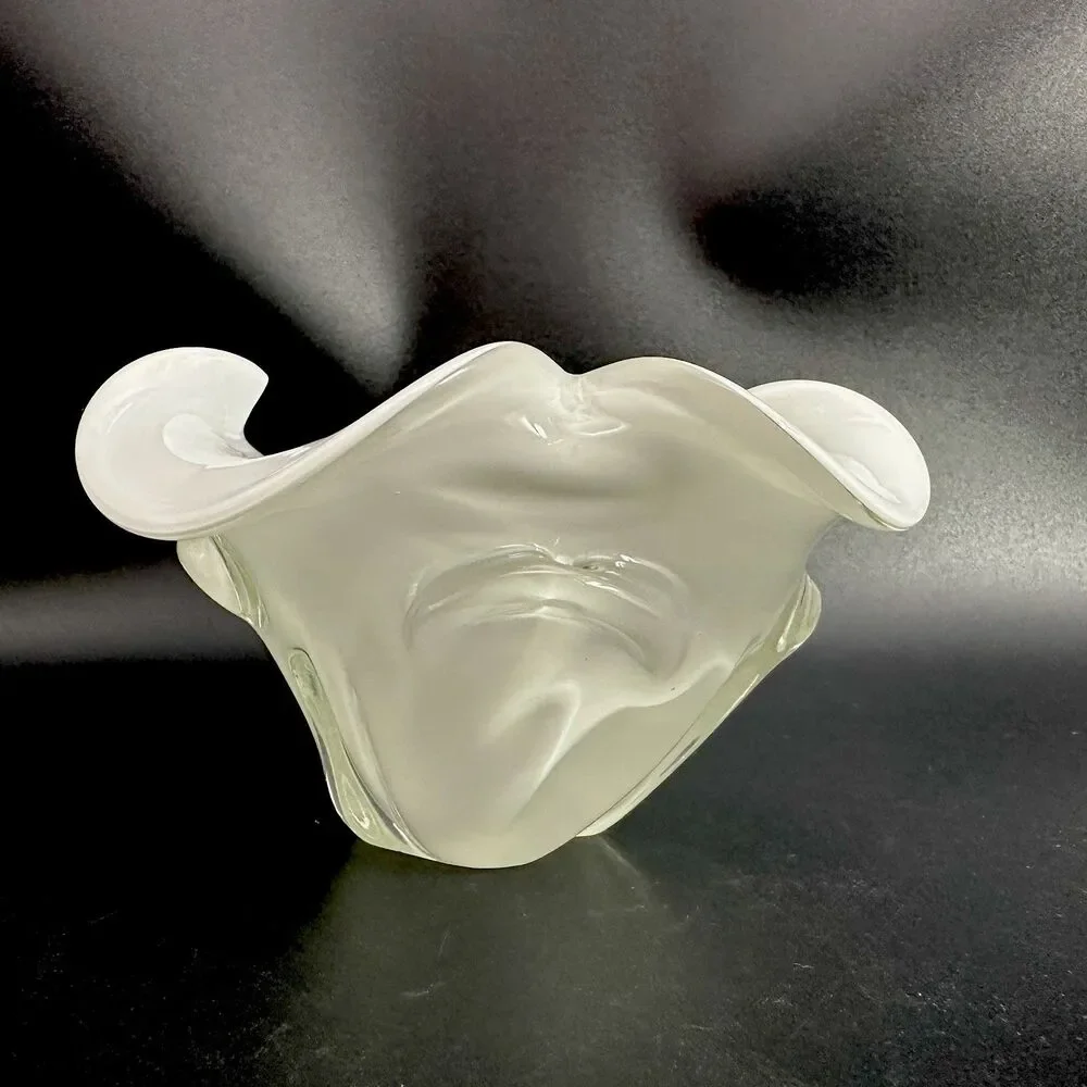 Vtg White Cased Art Glass Handkerchief Bowl MCM Sculptural Decor Murano Style
